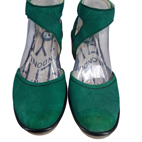 Fly London Piat Green Leather Wedge Ankle Strap Shoes Size 38 US 7.5-8 Mary Jane - Picture 3 of 13